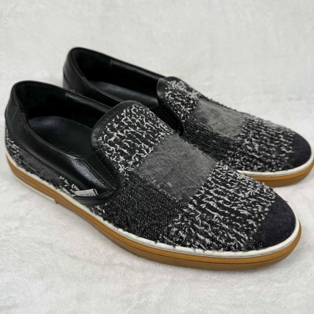 Jimmy Choo Grove Patchwork Denim Tweed Leather Slip On Sneakers Black Grey Gum 9